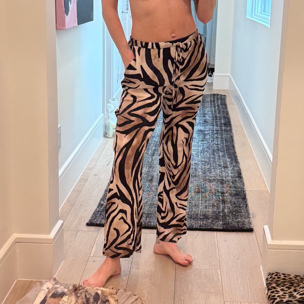 Zara Black and Tan Zebra Print Wide Leg Pants